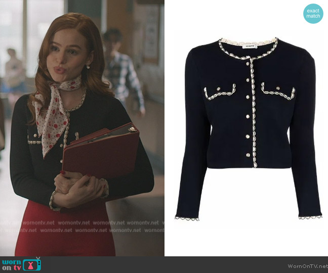 Sandro Cropped Scallop-trim Cardigan worn by Cheryl Blossom (Madelaine Petsch) on Riverdale