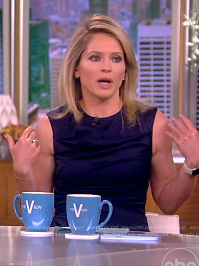 Sara's navy satin ruched dress on The View