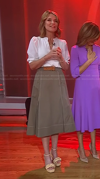 Savannah's white puff sleeve top and khaki skirt on Today