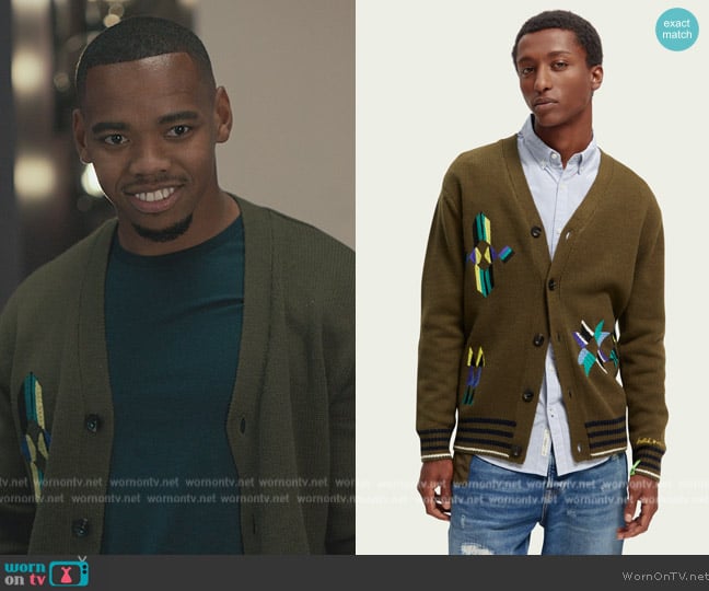 Scotch and Soda Patched-on Artwork V-neck Cardigan worn by Joivan Wade (Joivan Wade) on Bel-Air