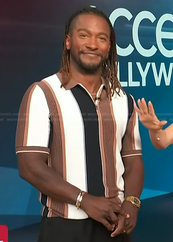 Scott’s brown, black and white striped polo shirt on Access Hollywood