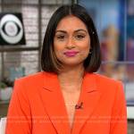Shanelle Kaul’s orange and pink colorblock suit on CBS Mornings