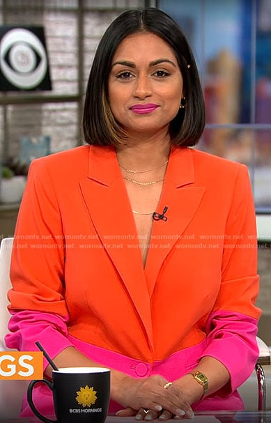 Shanelle Kaul's orange and pink colorblock suit on CBS Mornings