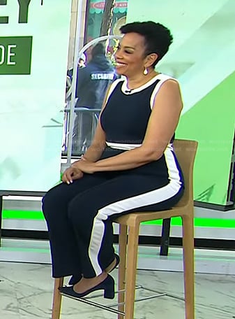 Sharon Epperson’s navy contrast trim jumpsuit on Today