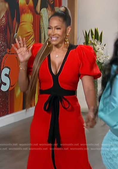 Sheree Whitfield's red contrast tie waist dress on The Talk