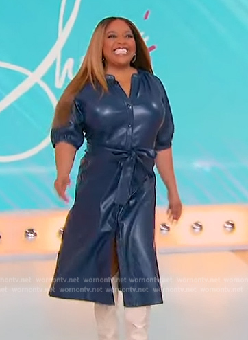 Express Body Contour Faux Leather Twist Front Midi Sheath Dress worn by  Sherri Shepherd as seen in Sherri on November 21, 2023