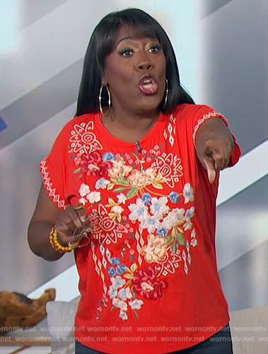 Sheryl's red floral embroidered top on The Talk