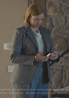 Shiv's gray blazer and pants on Succession