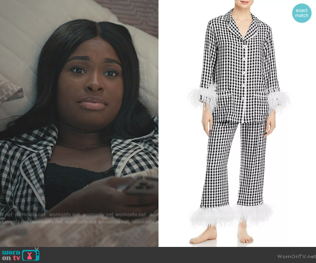 Sleeper Party Gingham Feather Trim Pajama Set worn by Hilary Banks (Coco Jones) on Bel-Air