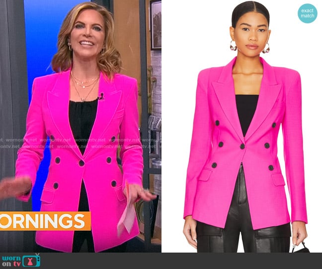 Smythe Not A Db Pagoda Blazer in Neon Pink worn by Natalie Morales on CBS Mornings