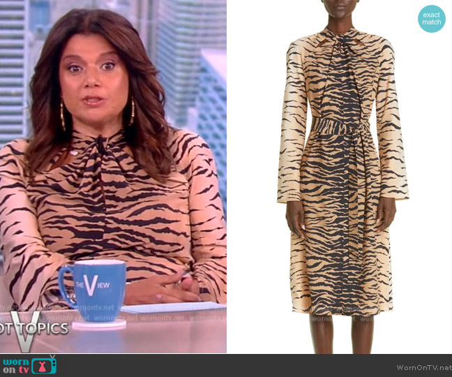 St. John Collection Tiger Print Keyhole Long Sleeve Silk Blend Midi Dress worn by Ana Navarro on The View