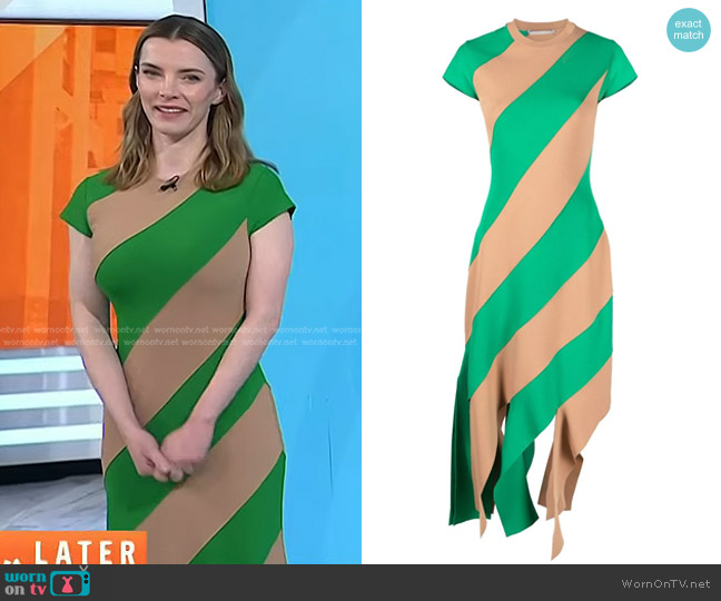 Stella McCartney Striped Fringe Compact Knit Midi Dress worn by Betty Gilpin on Today