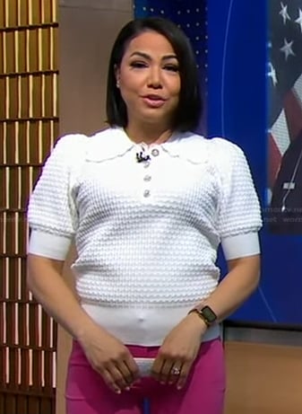 Stephanie’s white textured polo top on Good Morning America