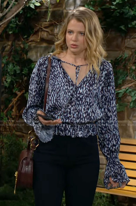 Summer's blue dotted print blouse on The Young and the Restless