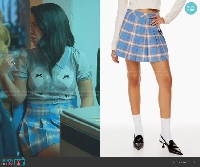 Sunday Best Olive Micro Pleated Skirt in Bernice Azurine Bl worn by Mariana Foster (Cierra Ramirez) on Good Trouble