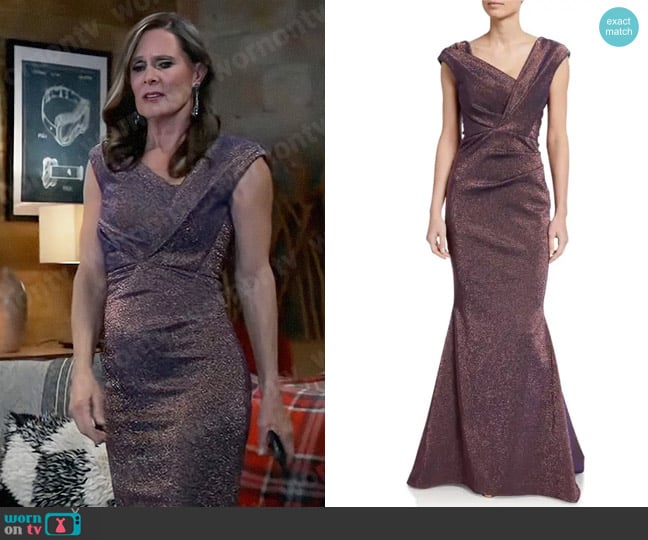 Talbot Runhof Iridescent Gazar V-Neck Gown worn by Lucy Coe (Lynn Herring) on General Hospital