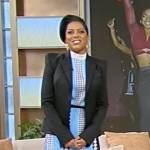 Tamron’s  blue printed belted dress on Tamron Hall Show