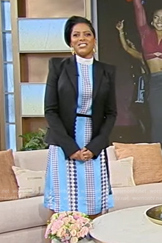 Tamron's  blue printed belted dress on Tamron Hall Show