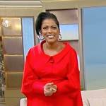 Tamron’s red cape mini shirtdress on Tamron Hall Show