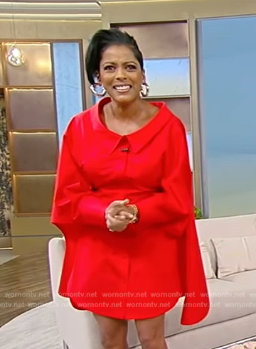 Tamron’s red cape mini shirtdress on Tamron Hall Show