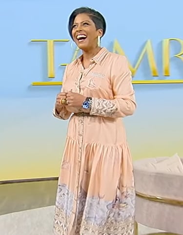 Tamron’s pink printed belted shirtdress on Tamron Hall Show