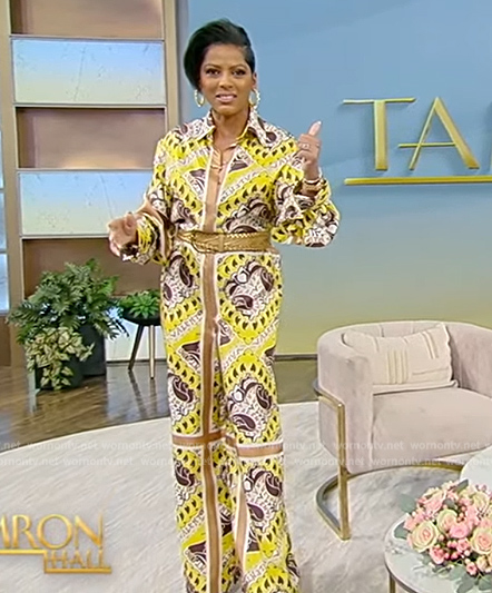 Tamron’s yellow printed silk jumpsuit on Tamron Hall Show