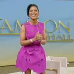 Tamron’s purple sleeveless embroidered dress on Tamron Hall Show