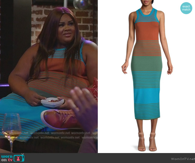 Tanya Taylor Joelle Striped Knit Sleeveless Bodycon Dress worn by Nicky (Nicole Byer) on Grand Crew