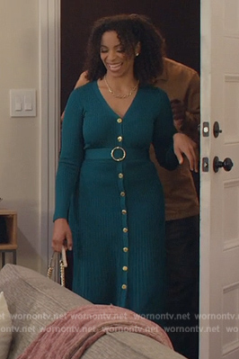 Simone's teal ribbed button down dress on Grand Crew