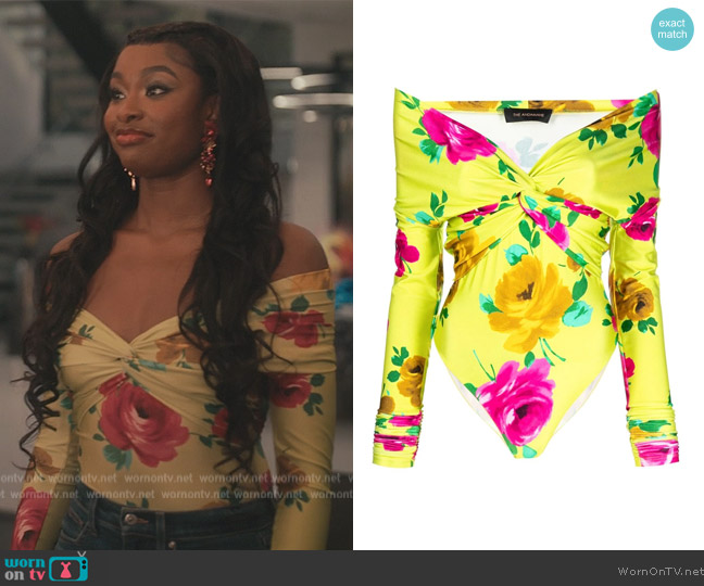 The Andamene Floral-print Off-shoulder Bodysuit worn by Hilary Banks (Coco Jones) on Bel-Air