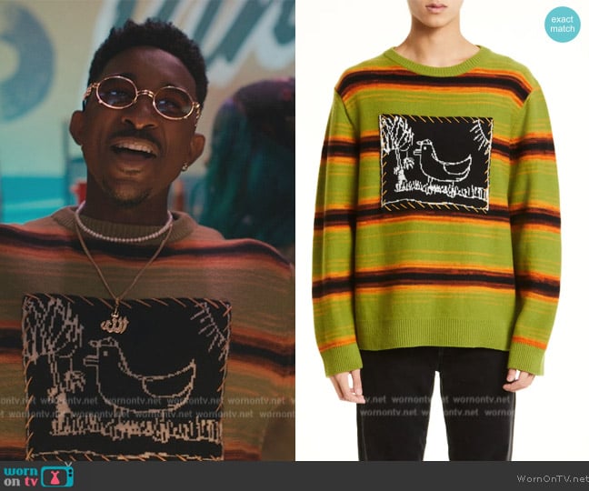 Elder Statesman Wild Bird Morph Stripe Merino Wool & Cashmere Sweater worn by Jazz (Jordan L. Jones) on Bel-Air