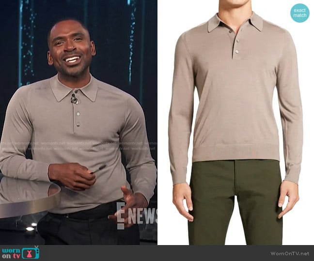 Theory Long Sleeve Wool Polo in Tapir worn by Justin Sylvester on E! News