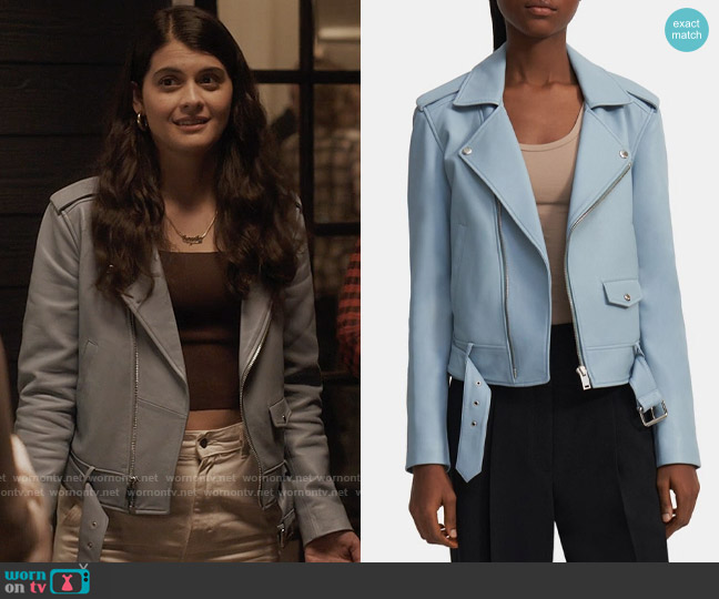 Theory Leather Moto Jacket in Eggshell Blue worn by Samantha Fink (Sofia Black-D'Elia) on Single Drunk Female