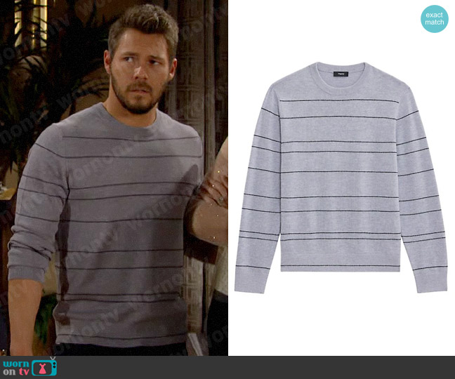 Theory Kenny Striped Wool Sweater worn by Liam Spencer (Scott Clifton) on The Bold and the Beautiful