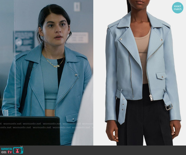 Theory Leather Moto Jacket in Eggshell Blue worn by Samantha Fink (Sofia Black-D'Elia) on Single Drunk Female