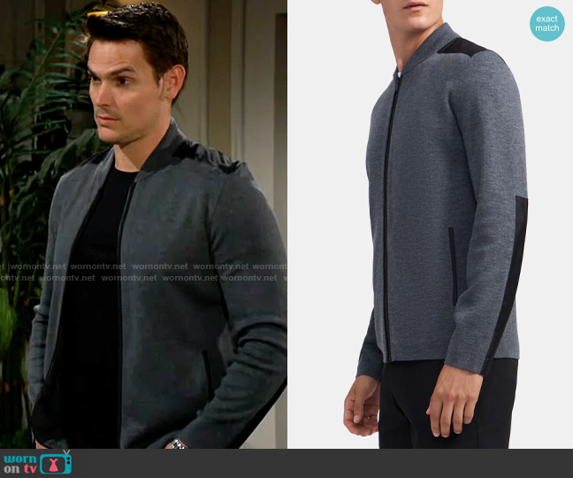 Theory Thadd Zip-Up Sweater in Merino Wool worn by Adam Newman (Mark Grossman) on The Young and the Restless