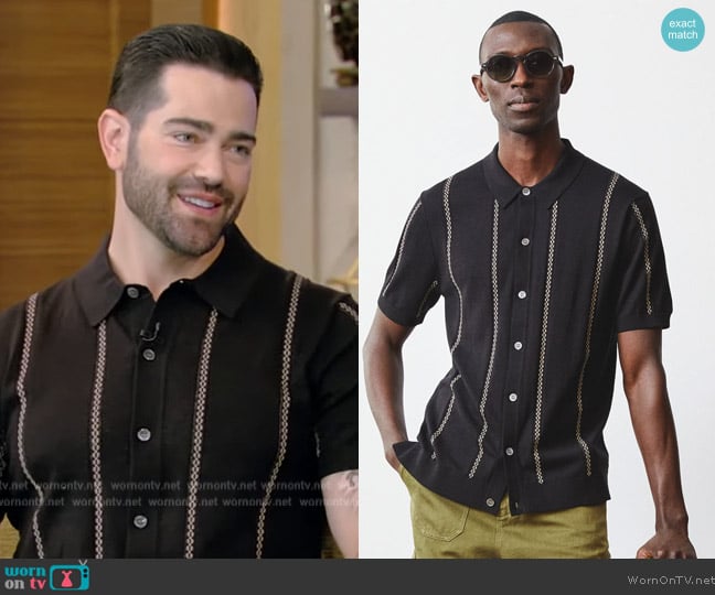 Todd Snyder Deco Stripe Full Placket Polo worn by Jesse Metcalfe on Live with Kelly and Mark