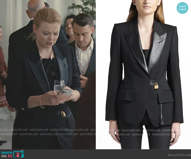 Tom Ford Gran De Poudre Padlock Tuxedo Jacket worn by Shiv Roy (Sarah Snook) on Succession