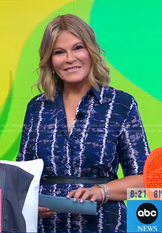 Tory Johnson’s blue tie dye shirtdress on Good Morning America