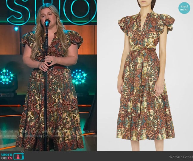 Ulla Johnson Ottilie belted printed cotton-poplin midi dress worn by Kelly Clarkson on The Kelly Clarkson Show