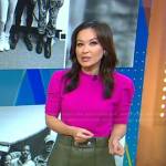 Eva’s pink sweater and green leather pants on Good Morning America