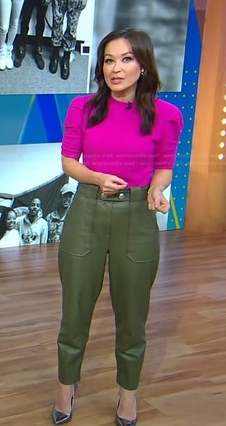 Eva’s pink sweater and green leather pants on Good Morning America