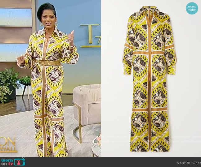 Valentino Manifesto printed silk-twill jumpsuit worn by Tamron Hall on Tamron Hall Show