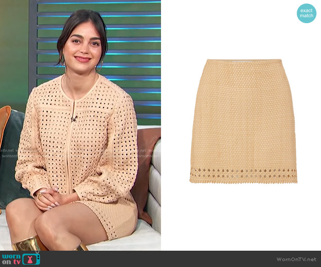 Veronica Beard Faedra Woven-Leather Mini Skirt worn by Melissa Barrera on Access Hollywood