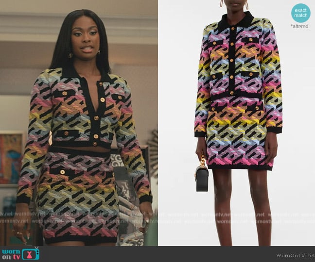 Versace La Greca chunky-knit cardigan worn by Hilary Banks (Coco Jones) on Bel-Air