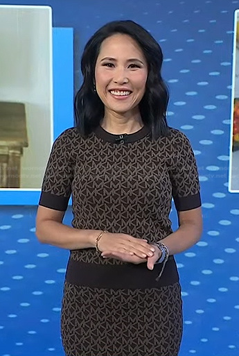 Vicky's brown printed short sleeve top and skirt on Today