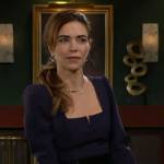 Victoria’s navy notch neck sheath dress on The Young and the Restless