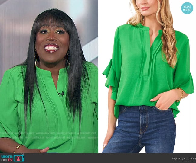 Vince Camuto Ruffle Sleeve Henley Blouse worn by Sheryl Underwood on The Talk