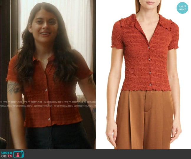 Vince Smock Short Sleeve Button-Up Blouse in Rust Amber worn by Samantha Fink (Sofia Black-D'Elia) on Single Drunk Female