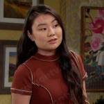 Wendy’s brown tee and zig-zag pants on Days of our Lives